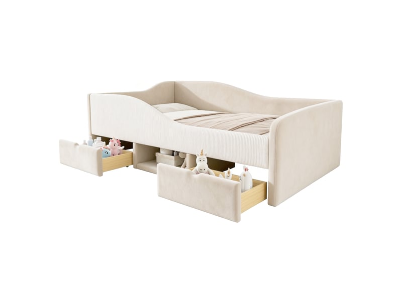  Lit pour enfant, 90x190 cm, avec rangements, 2 tiroirs, barrières de sécurité, doux au toucher, velours, coloris beige  - Conforama A