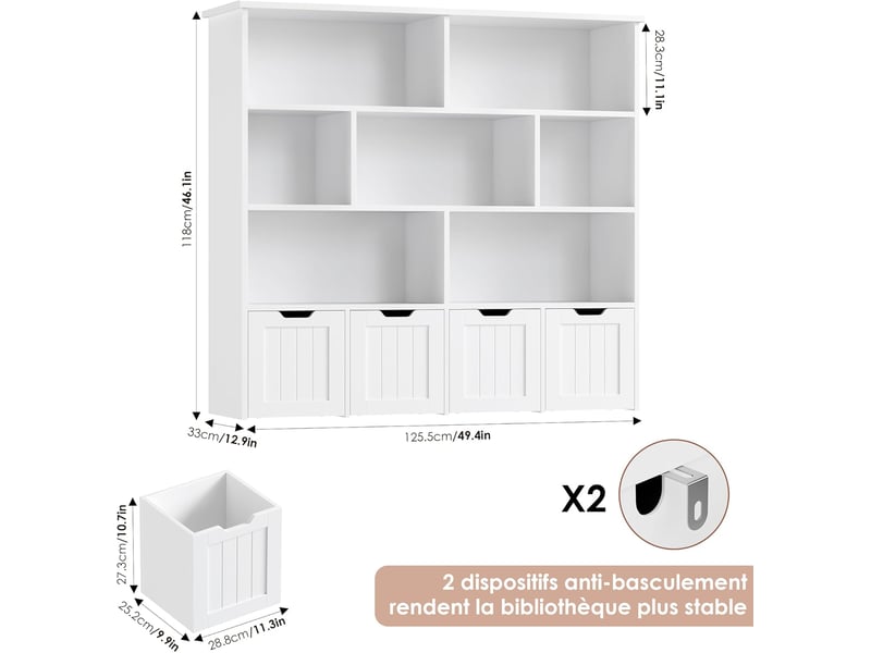 Meuble de rangement enfant bibliothèque enfant avec 8 étagères 4 tiroirs roulants rangement jouet 125.5x33x118cm blanc - Conforama C
