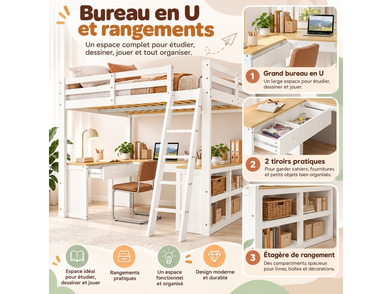  Lit mezzanine enfant 140 x 200 cm avec grand bureau en u, 2 tiroirs, étagère et échelle inclinée, blanc et naturel  - Conforama B