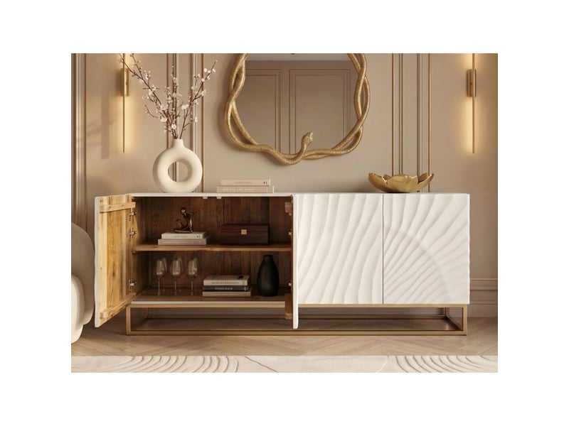 Buffet silva 177 cm en bois massif de manguier blanc sculpté – 4 portes et piètement doré - Conforama E