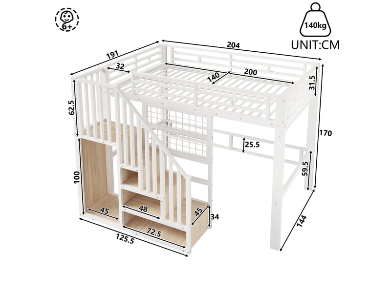  Lit mezzanine 140x200 cm avec led, escalier de rangement, panneau grillagé, support projecteur et sommier, gain de place en métal, blanc Sol Morn - Conforama C