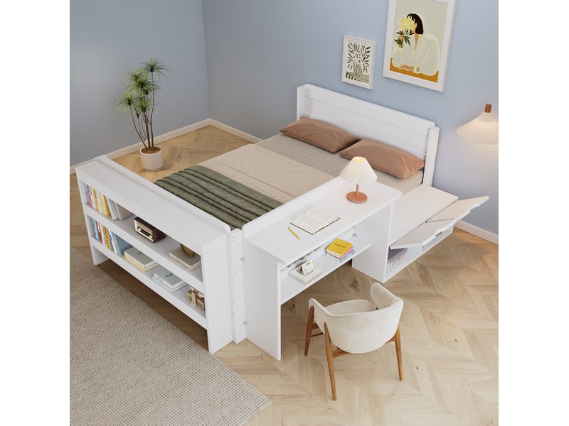  Lit combiné 120x200 cm blanc en bois avec bureau et rangements réversibles, idéal pour chambre ado, sans matelas  - Conforama E