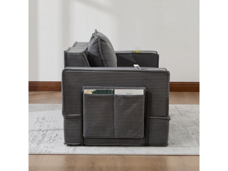  Canapé-lit double moderne en tissu avec 2 coussins, ottomane décorative avec rangement et porte-boissons — coin lecture  - Conforama E