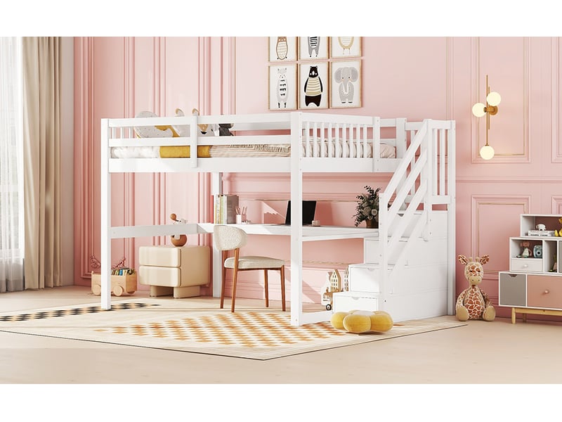  Lit mezzanine 140 x 200 cm, lit enfant surélevé, tiroirs de rangement, bureau intégré, étagères ouvertes, échelle, bois massif, blanc Morn Vibe - Conforama E