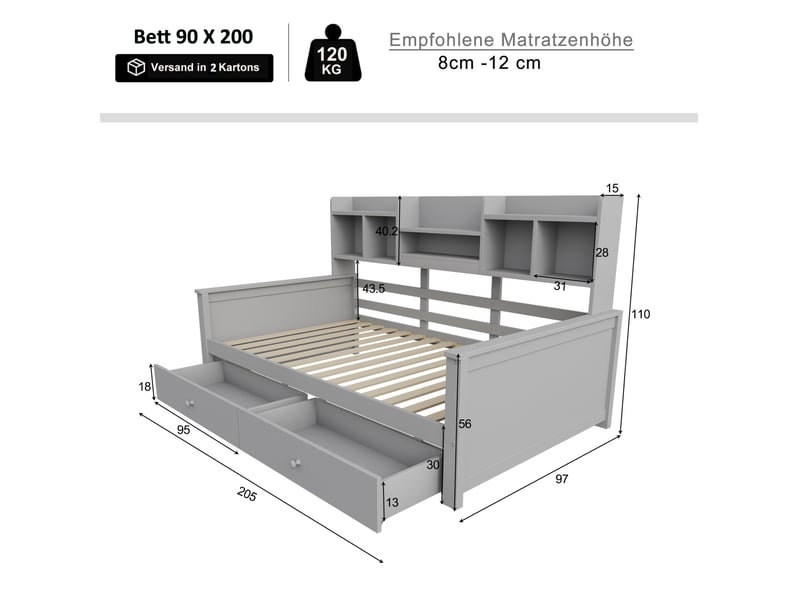  Lit simple 90x200 cm avec tiroirs et rangements en bois gris  - Conforama E