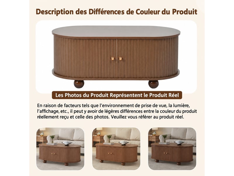  Table basse ovale noyer 100x50x40 cm, table de salon mdf avec portes coulissantes, grand rangement, design moderne  - Conforama E
