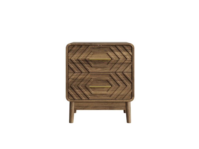  Table de nuit 48 x 38 x 56 cm marron noyer en mdf, 2 tiroirs à relief géométrique et pieds en bois  - Conforama D