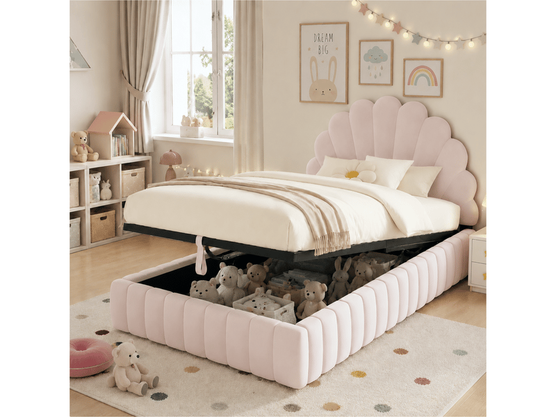  Lit coffre 90x200 cm - avec rangement - en velours - rose CARDUME ESTIVAL - Conforama B