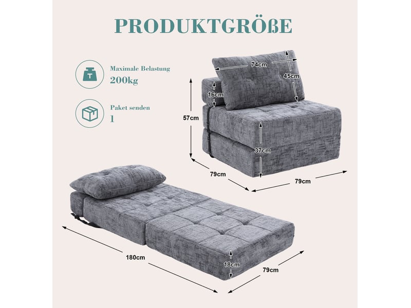  Canapé-lit pliable 1 place en tissu gris avec coussins tête et lombaires, idéal pour les petits espaces  - Conforama C