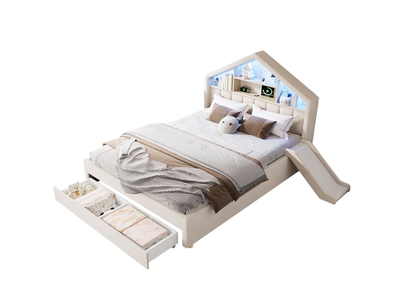  Lit cabane enfant 140x200 cm – beige – toboggan réversible, led, prise de charge et grand coffre  - Conforama A
