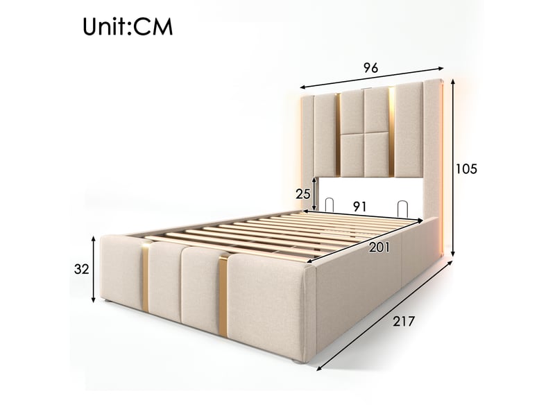 Lit coffre adulte 90x200 cm – beige – led rgb, usb et usb-c, contrôle par application, avec matelas - Conforama C