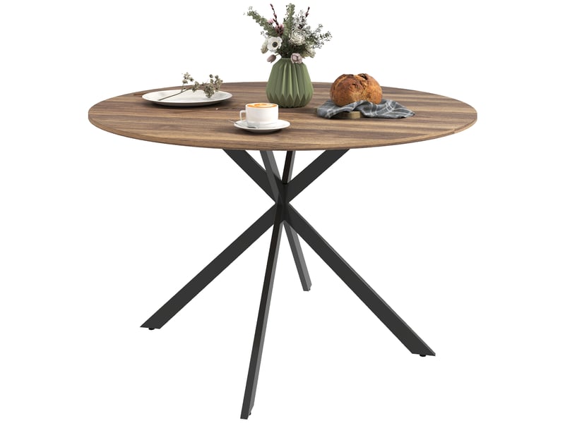  Table à manger ronde pour 4 personnes 120 cm style industriel avec plateau aspect bois, piètement croisé en acier, marron  - Conforama B