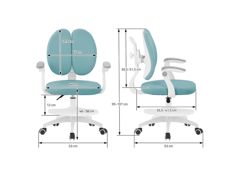  Ml-design chaise de bureau pour enfant 95-107 cm pétrole avec dossier divisé et repose-pieds siége d'étude ergonomique pivotant 360° hauteur réglable accoudoirs rabattables tissu respirant confortable  - Conforama E