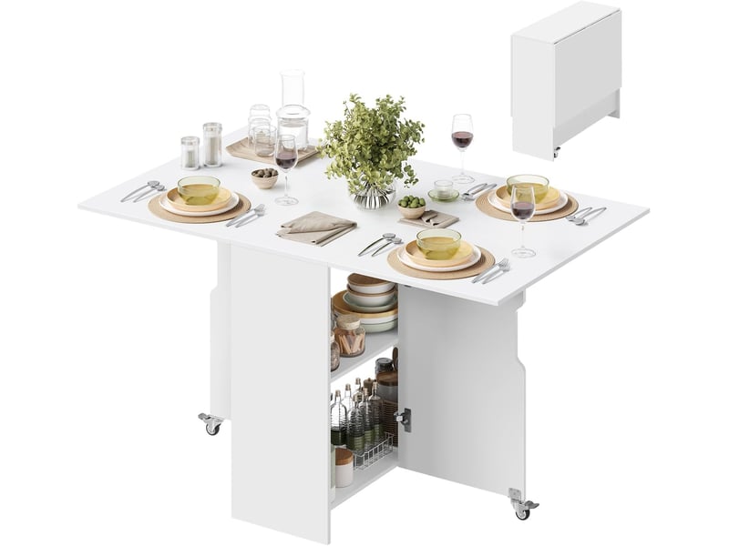 Table de salle à manger pliante, 3 formes possibles, en bois d'ingénierie, à roulettes avec freins, blanc - Conforama A