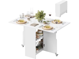 Table de salle à manger pliante, 3 formes possibles, en bois d'ingénierie, à roulettes avec freins, blanc