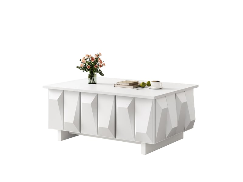  Table basse blanche en panneau de particules avec 3 portes 3d, rangement fermé et style moderne pour le salon  - Conforama A