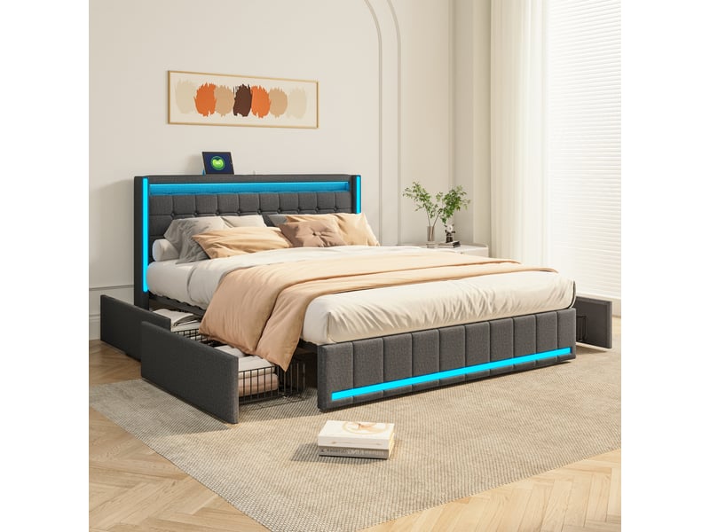  Lit 140 x 200 avec sommier,lit double 140 x 200, 4 tiroirs de rangement, bandeau led port usb, revêtement tissu lin, gris  - Conforama B