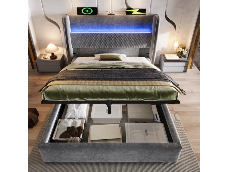  Modenvie lit coffre 90x200 cm - tête de lit haute, led, ports usb et type-c, matelas inclus - gris  - Conforama E