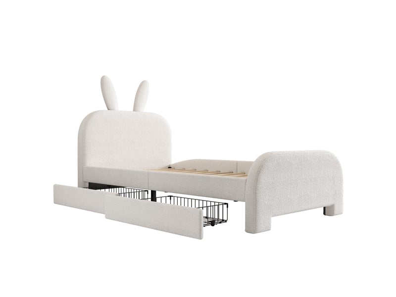  Lit enfant 90x200 cm, tiroirs, forme de lapin, dessin style cartoon, sommier, peluche blanc, sans matelas  - Conforama D