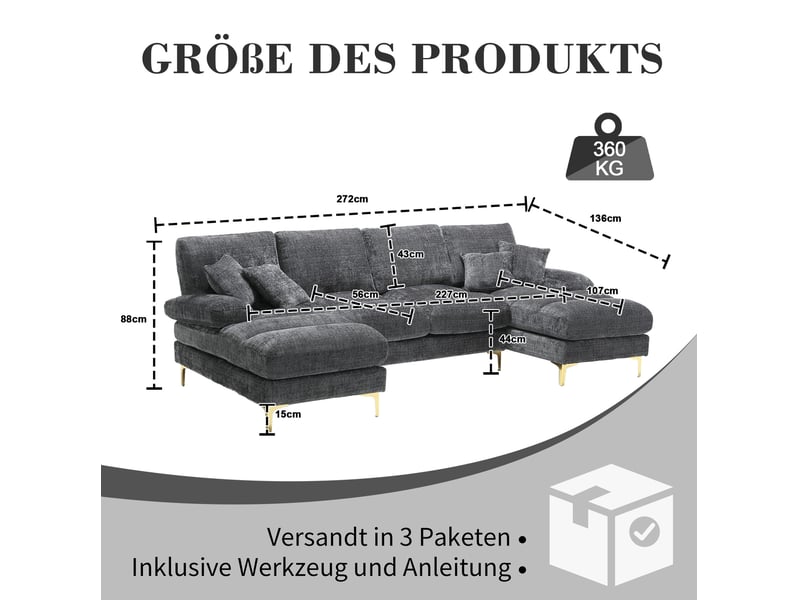 Canapé panoramique en u 4 places avec double méridienne, coussins et pieds en métal, en chenille gris 272 × 136 × 88 cm - Conforama E