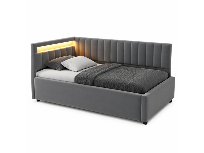  Lit banquette simple 90x200 cm en velours avec coffre hydraulique, led et dossier réversible, sans matelas, gris  - Conforama A