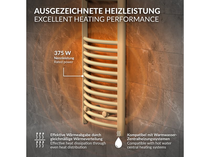  Luxebath sèche-serviettes design sahara 400 x 1200 mm, raccordement latéral, courbé, haute conductivité thermique, radiateur mural porte-serviettes pour salle de bain, puissance 375 w, beige mat ECD Germany GmbH - Conforama D