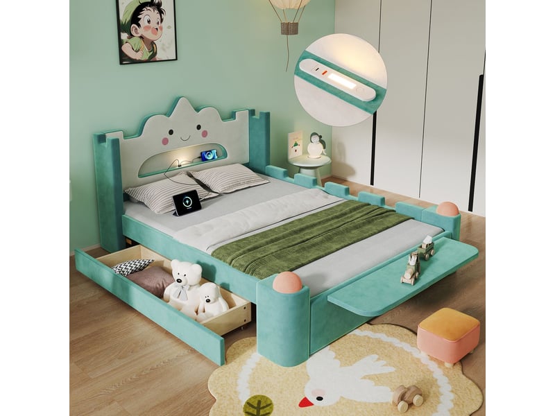  Lit avec tiroirs 140 x 200 cm tiroir de rangement réversible gauche ou droite tablette rabattable lampe de lecture led prise usb protection antichute revêtement en velours coloris bleu canard  - Conforama D