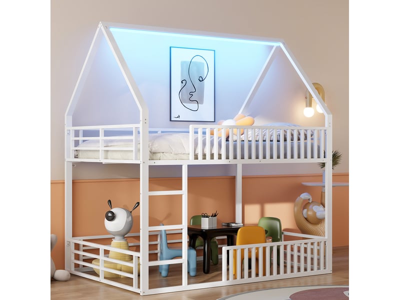  Lit cabane 140x200 avec barrière de sécurité et éclairage led 7 couleurs en métal blanc sans matelas  - Conforama B