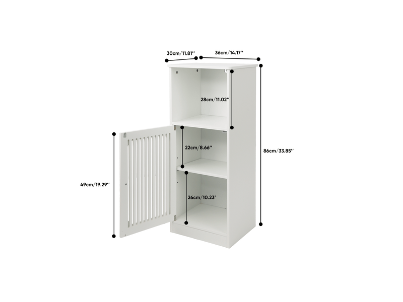  Meuble de salle de bain bas avec portes à lattes, plusieurs niveaux de rangement et structure autoportante, blanc  - Conforama B