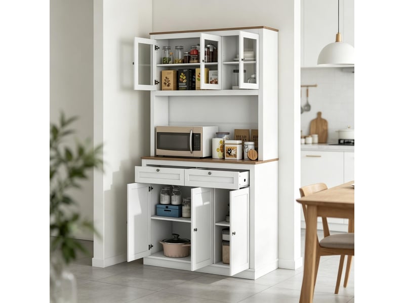  Buffet de cuisine 100x40x180 cm avec placards et 2 tiroirs, blanc et finition chêne  - Conforama C