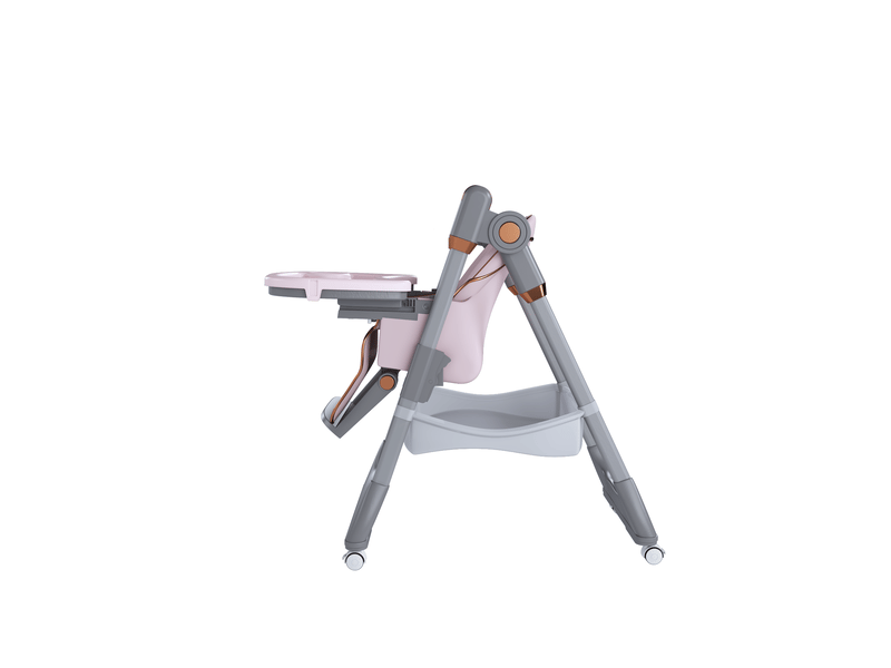 Chaise haute bébé pliable réglable avec plateau amovible, harnais 5 points et roulettes verrouillables en polypropylène rose - Conforama E