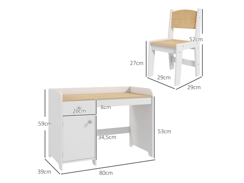  Bureau enfant avec chaise, table enfant avec tiroir, placard et large plateau, 80 x 39 x 59 cm, pour 3 à 6 ans, blanc  - Conforama C