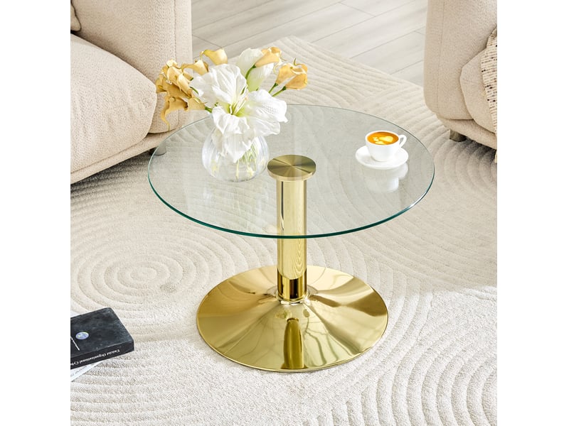  Table basse ronde avec plateau en verre trempé et pied en métal doré pour salon, diamètre 70 cm, hauteur 45 cm  - Conforama C