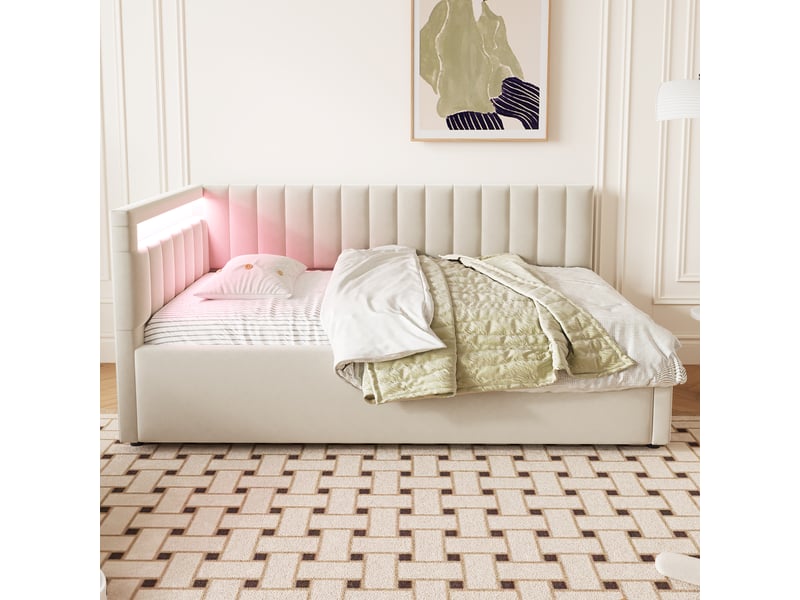  Lit banquette enfant coffre 90 x 200 cm avec led et rangement hydraulique, velours beige Fay Lum - Conforama D