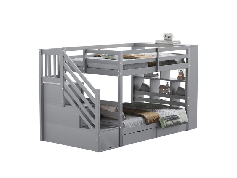  Lit superposé 90x200 cm, espace de rangement, avec escalier de sécurité et rangements, bois, couleur gris, sans matelas  - Conforama A