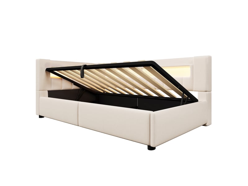  Lit banquette beige 90x200 cm avec coffre hydraulique, led, usbtype-c, lin, convertible  - Conforama E