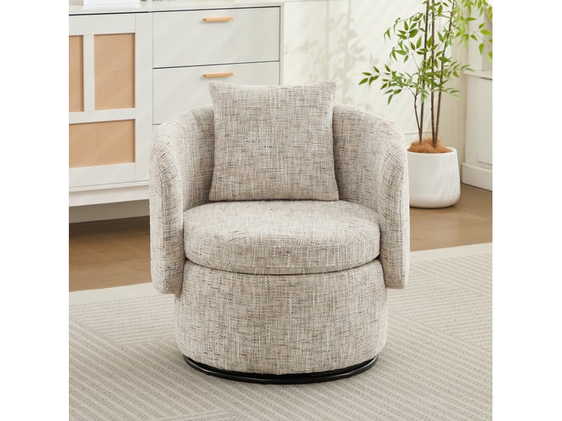  Fauteuil pivotant 360° 72x66,5x76 cm, rangement caché, coussin de dossier, bois et chenille ivoire  - Conforama D