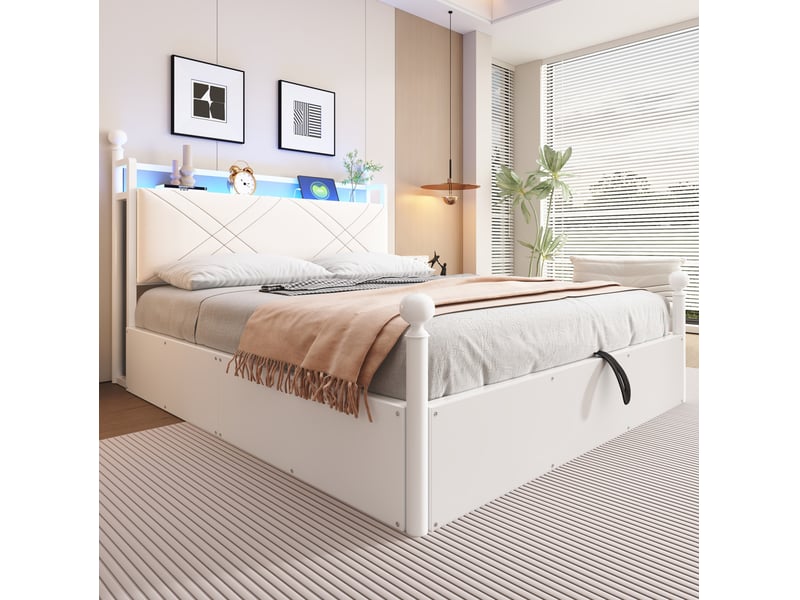  Lit double 140 x 190 cm blanc avec rangement hydraulique, baldaquin amovible, led et usbtype-c  - Conforama C