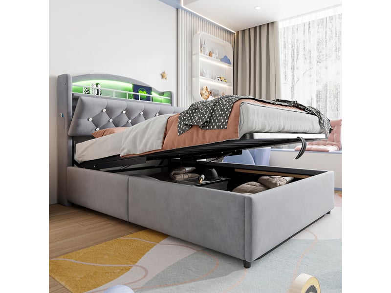  Lit coffre enfant 90x200 cm avec rangement et led, velours, gris, sans matelas  - Conforama E