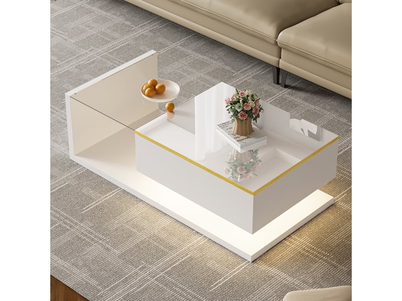 Table basse 100x50x32,5 cm avec led et plateau en verre trempé, rangement fermé et niche, panneaux de particules, blanc ABC - Conforama D