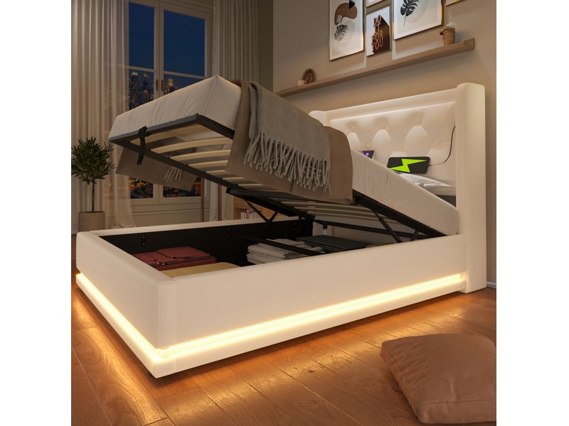  Lit coffre 90 x 200 cm blanc en pu avec tête de lit, éclairage led 3 côtés et fonction de charge usb type-c  - Conforama C