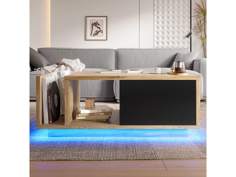  Table basse 99,5x53x38 cm avec led, tiroir de rangement et étagères ouvertes, style bois et métal rétro pour salon - naturel  - Conforama D