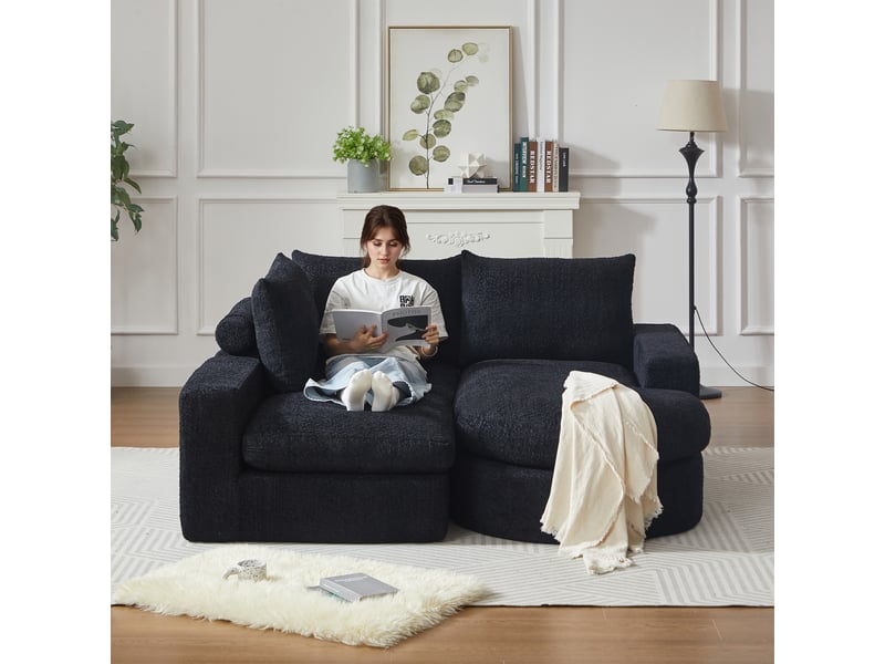 Canapé d’angle modulable en chenille, méridienne réversible, mousse haute densité, 3 coussins, sans montage - noir - Conforama E