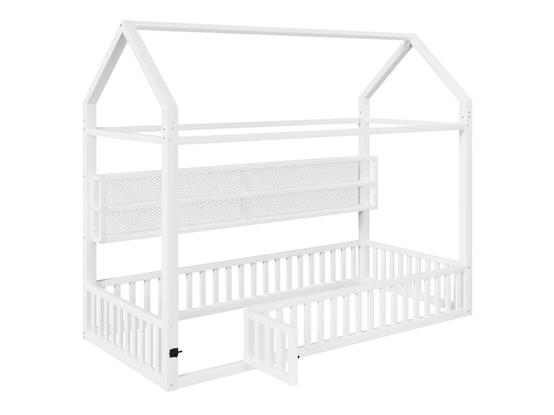  Lit enfant 90x200, garde-corps haut lit cabane enfant, structure métal robuste, led 7 couleurs, univers ludique  - Conforama E
