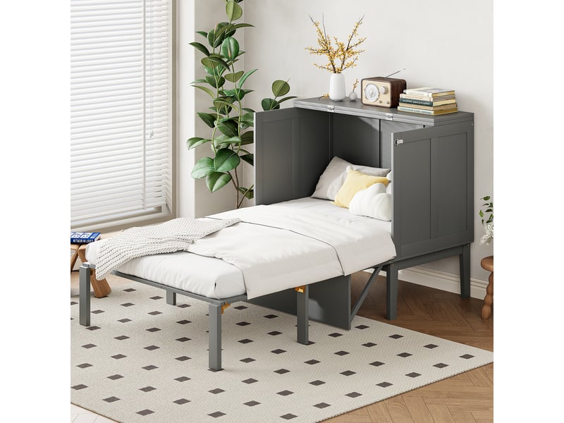  Lit 1 personne 90 x 200 cm, lit enfant avec sommier a lattes, lit rabattable mural, lit escamotable avec sommier a lattes, gris  - Conforama A
