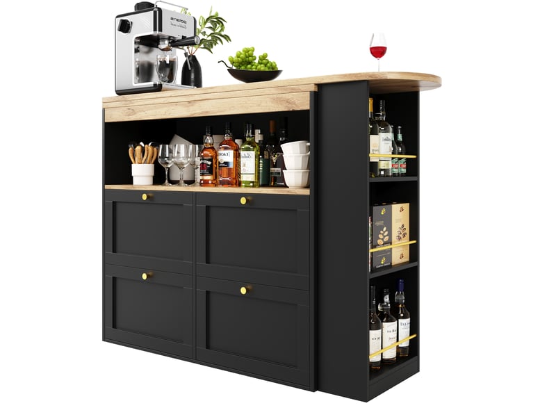  Table de bar pivotante à 360° avec 4 tiroirs et étagères, meuble de rangement en mdf, couleur principale noire moderne, 105x39x102cm.  - Conforama W