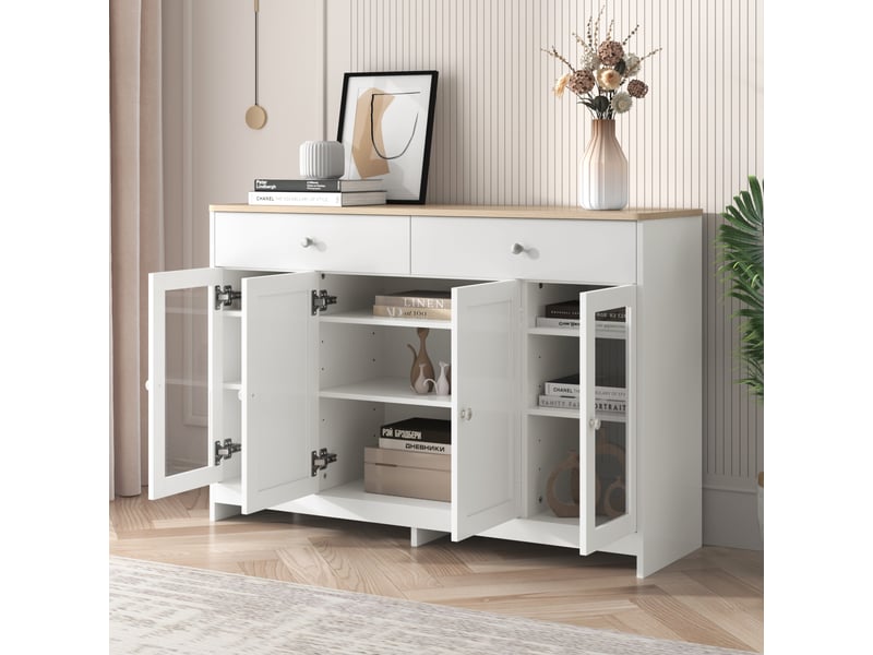  Buffet blanc effet bois- 4 portes, 2 tiroirs, portes vitrées - rangement pour salonsalle à manger  - Conforama E