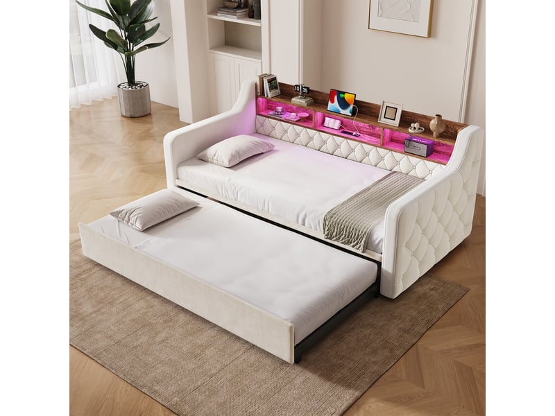  Canapé-lit 90x190 cm, lit enfant, couchage d'appoint, sommier à lattes, couchage gigogne extensible, led, usb et usb-c  - Conforama R