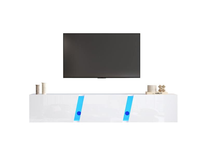  Meuble tv mural 180 x 35 x 30 cm avec led, 3 portes abattantes, blanc brillant  - Conforama A