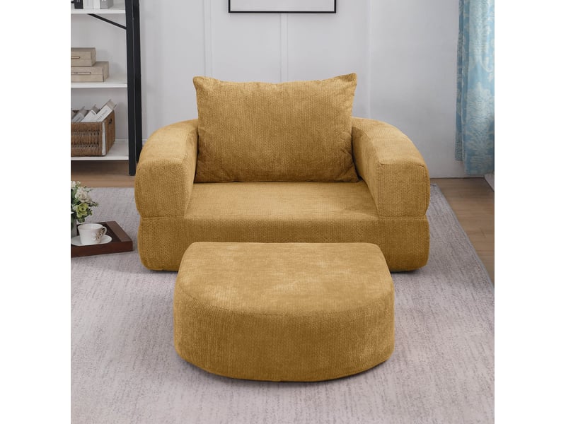Fauteuil convertible pliable 1 place avec accoudoirs amovibles, dossier coussin et dessous antidérapant en chenille jaune - Conforama B
